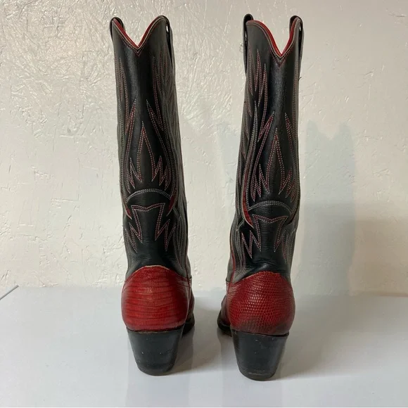 Ralph Lauren Lucchese Red Black leather Cowboy Western Boots vintage inlay 7 - Picture 3 of 16